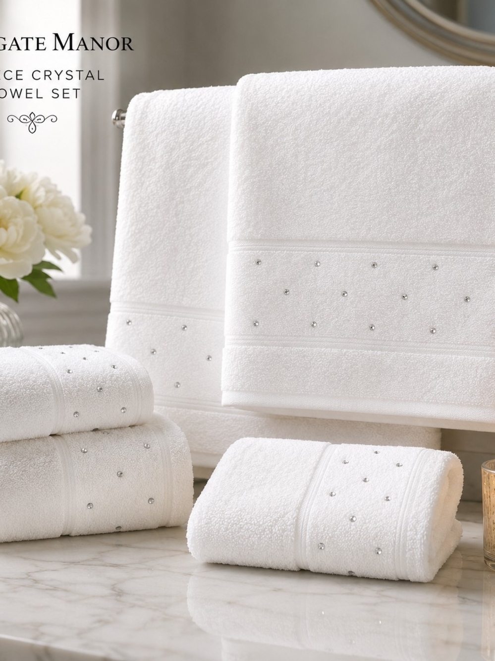 Highgate Manor 6-Piece White Crystal Embellished Towel Set NWT
